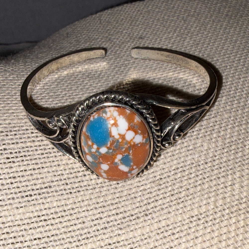 Artisan Silver Bracelet with Blue and Orange Stone